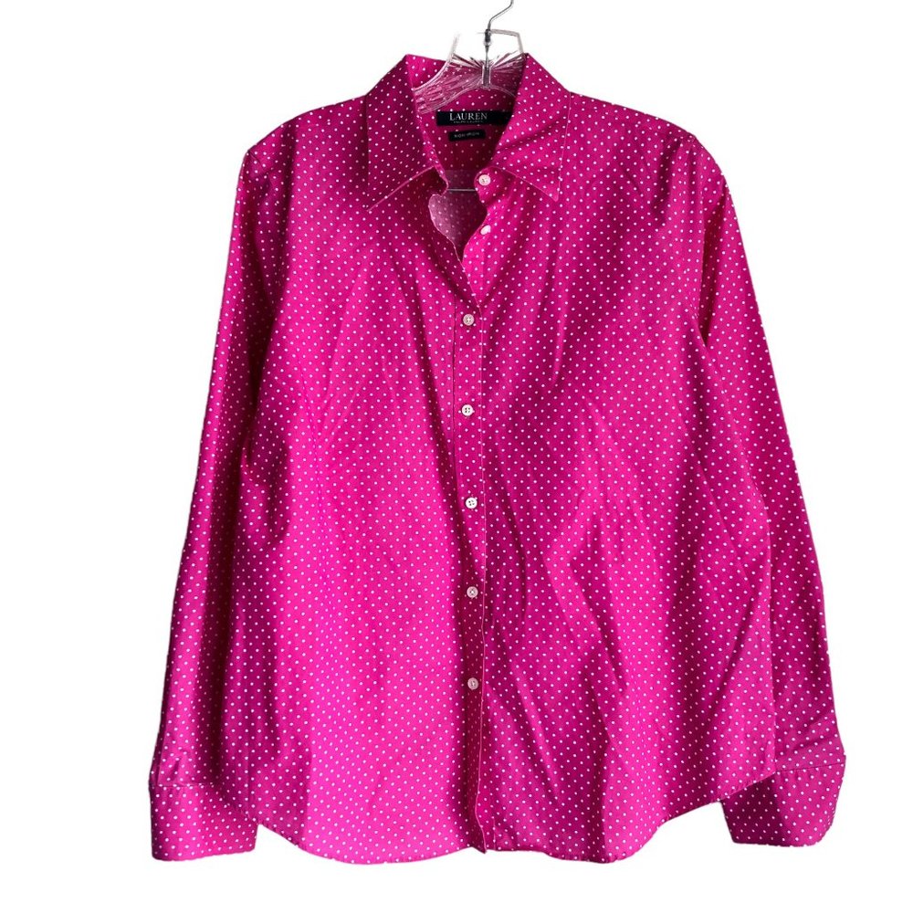 Lauren Ralph Lauren Women's Dress Shirt Sz L Pink Polka Dot Non Iron 100% Cotton